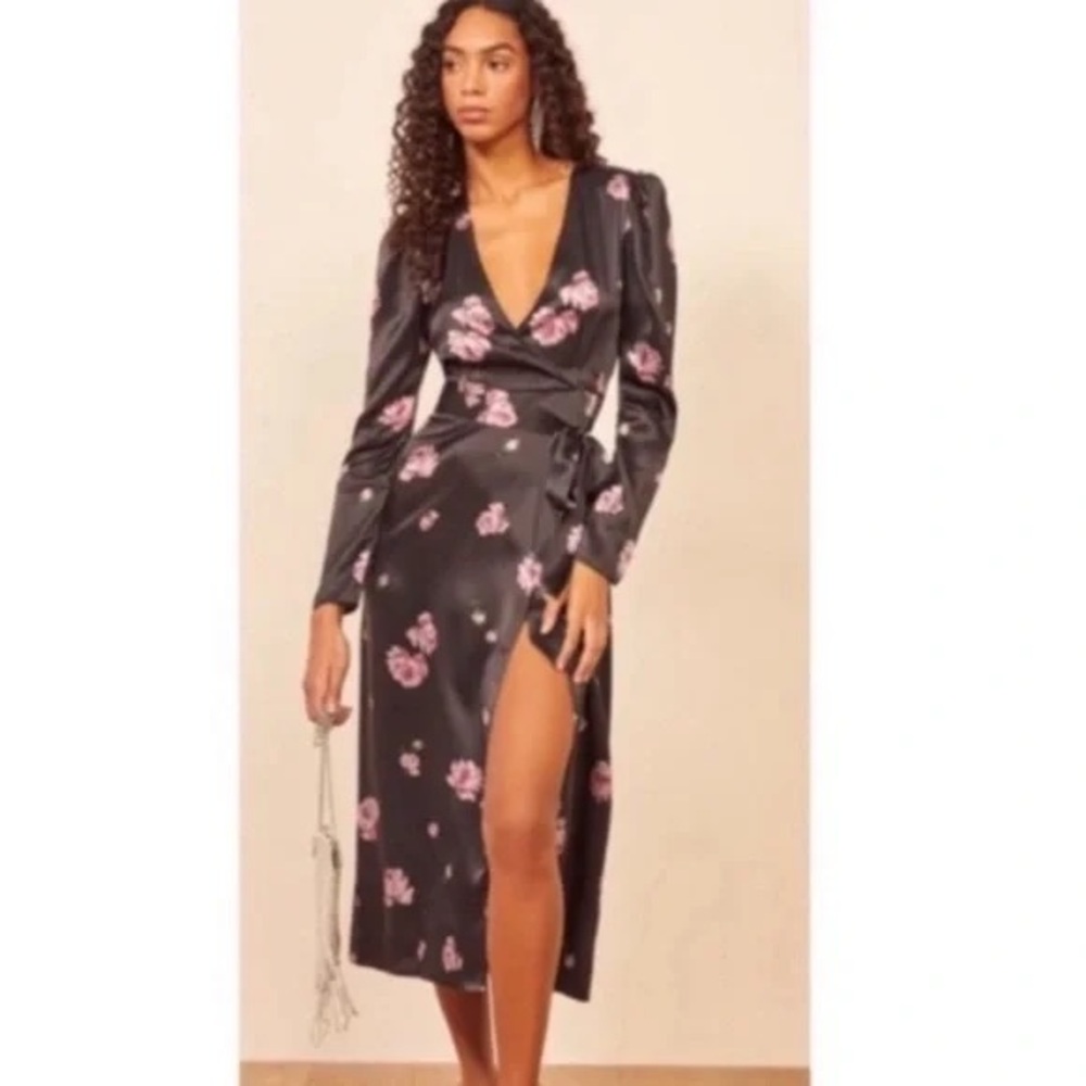 REFORMATION Toronto Dress - Silk Rose Print Long Sleeve Black Pink, Size 2